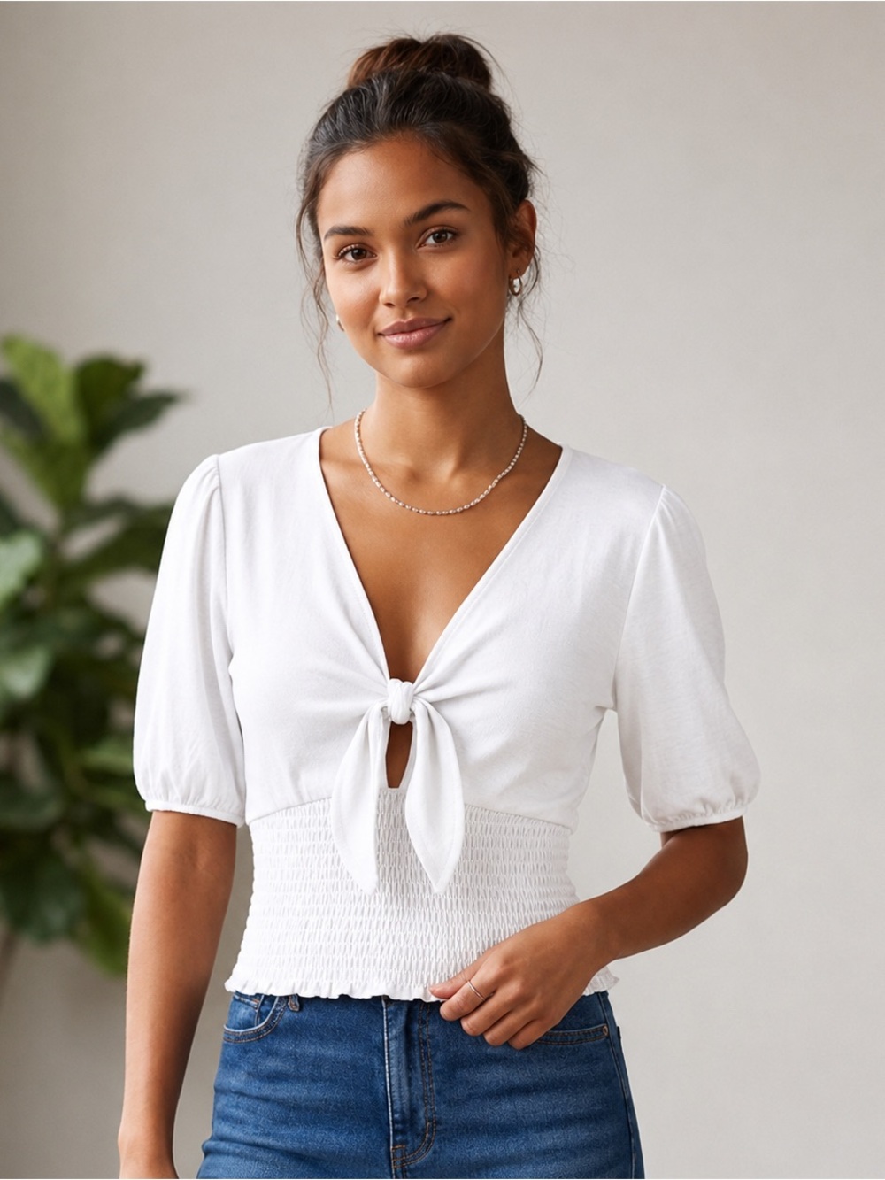 White Tie-Front Smocked Waist Puff Sleeve Top Abercrombie & Fitch Size M